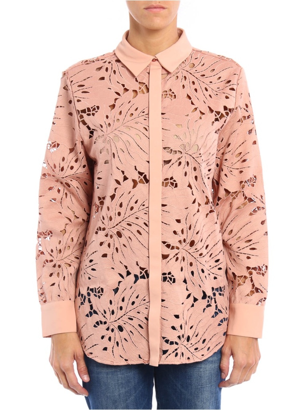 Self-Portrait Palm Guipure Lace Long-Sleeve Blush Pink Button Down Shirt Size 8